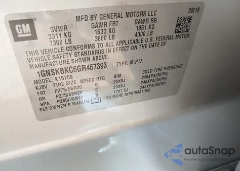 2016 Chevrolet Tahoe K1500 Lt z USA, uszkodzony, nr VIN 1GNSKBKC6GR467393